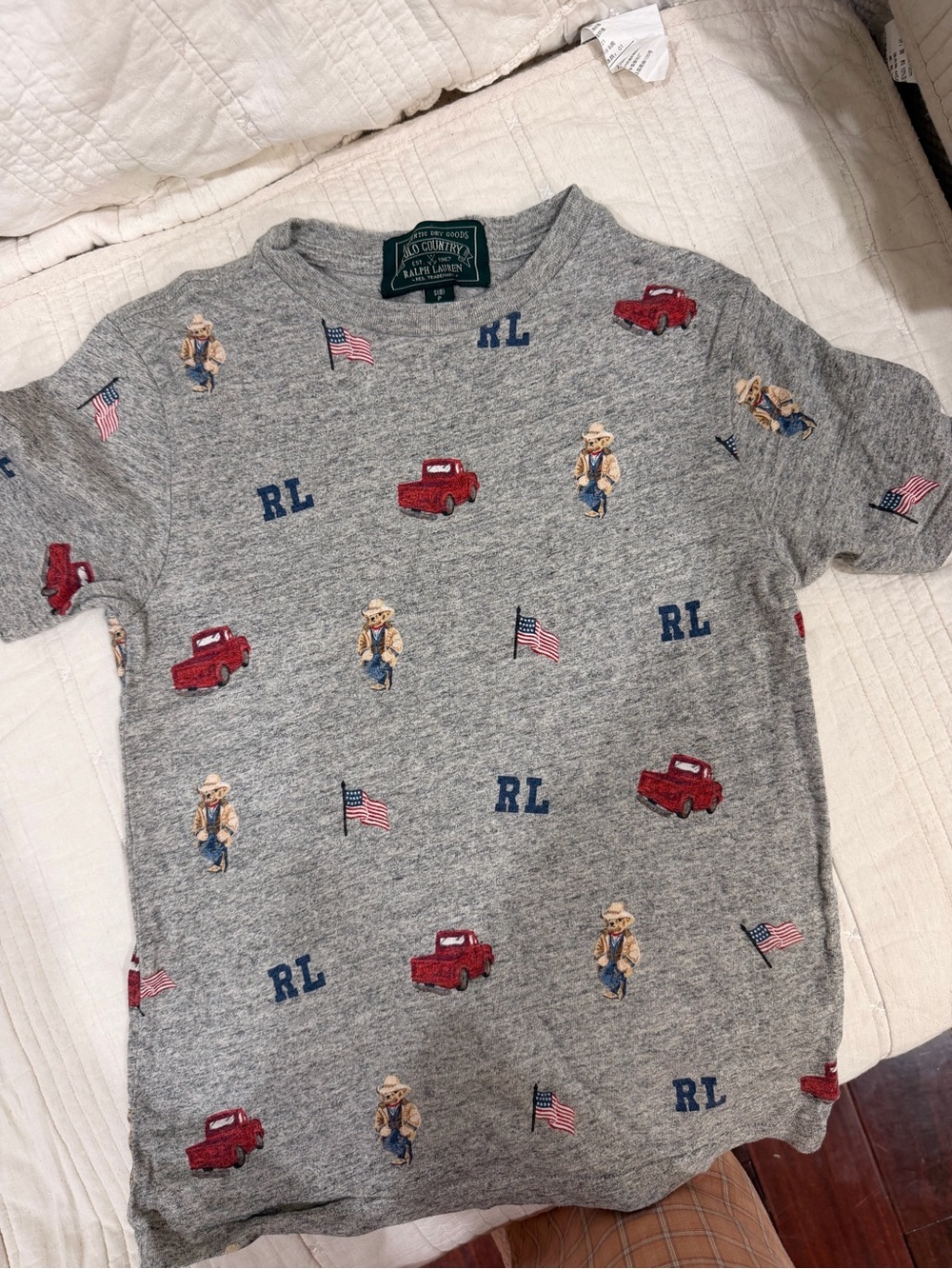 Ralph Lauren Gray Short-Sleeve Tee with Red Truck & Blue RL Embroidery